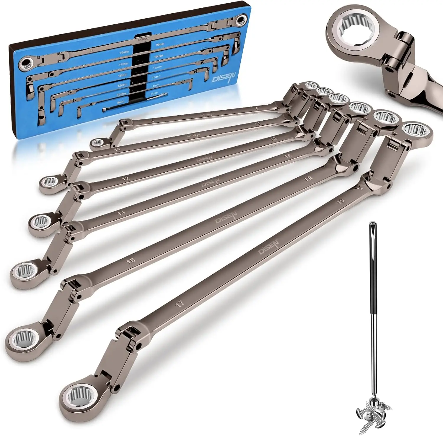 

Upgraded Double Jointed Extra Long Flex Head Ratchet Wrench Set, 6 PCS Metric 8-19mm with Magnetic Pickup Tool