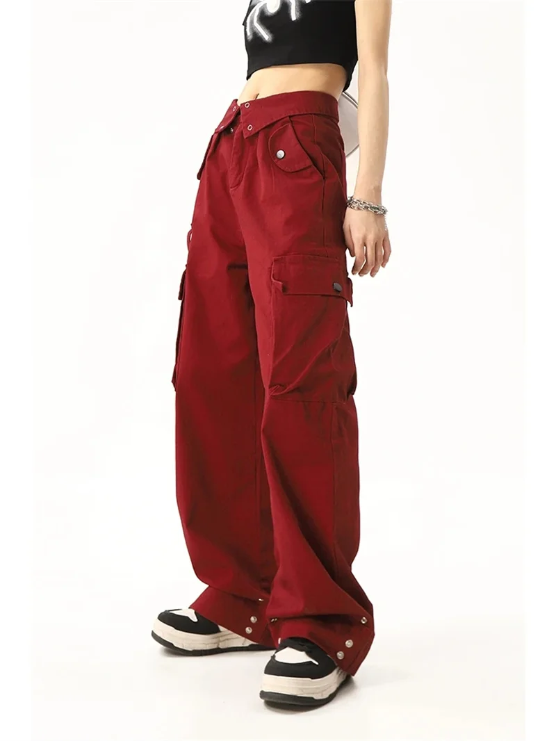 Red Cuffed Work Pants for Women Autumn High Street Style Loose Slimming Straight Leg Wide Leg Pants Casual Floor Length Pants