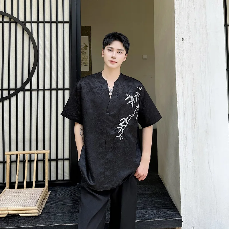 

Новый китайский Sle с вышивкой ort Sve Мужской irt Винтажный дизайн V-Ne Повседневная летняя мода из полиэфирного волокна Молодежный