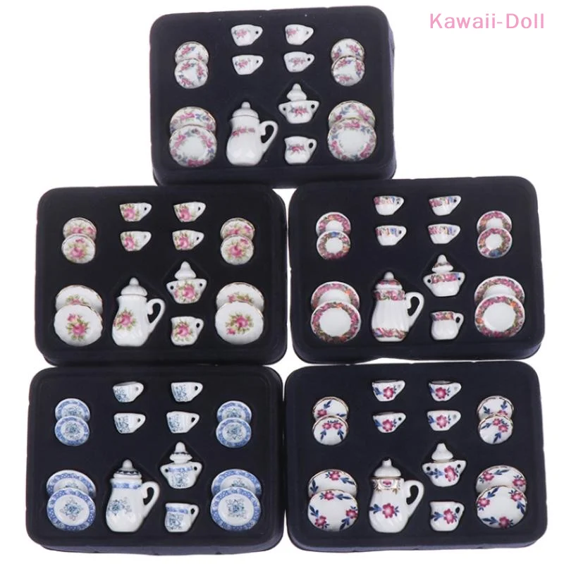 [DO] 15-teiliges Keramik-Teeservice für den Schreibtisch, 7 Stile, China-Teetassen, Miniatur-Teegeschirr für Puppenhaus-Dekoration, Mini-Puppenhaus-Zubehör, Rollenspiel