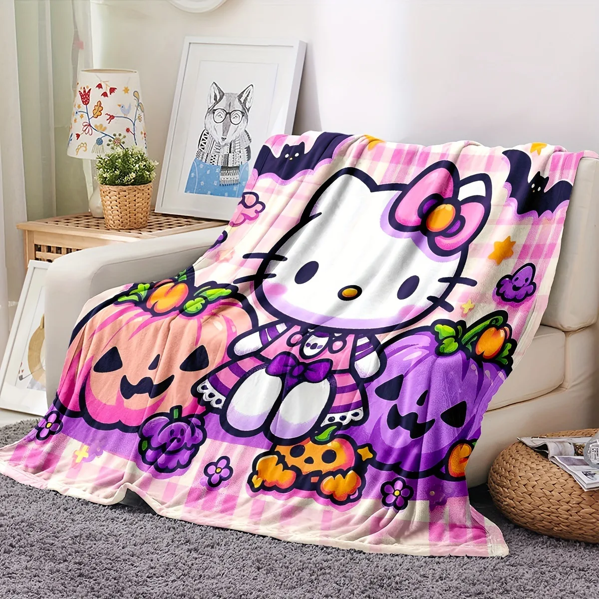 Halloween Gift Hello Kitty Cartoon Blanket Kawai Sanrio Family Pumpkin Shaped Soft Warm Sofa Blanket Holiday Decoration Tapestry