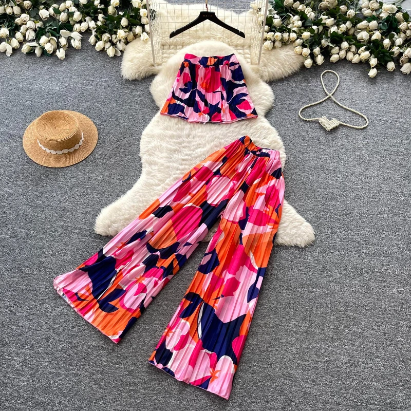 

Pant Set Women Two Piece Sets Strapless Sleeveless Print Tops Wide Leg Long Pants Elastic Waist Y2k Streetwear Elegant Summer