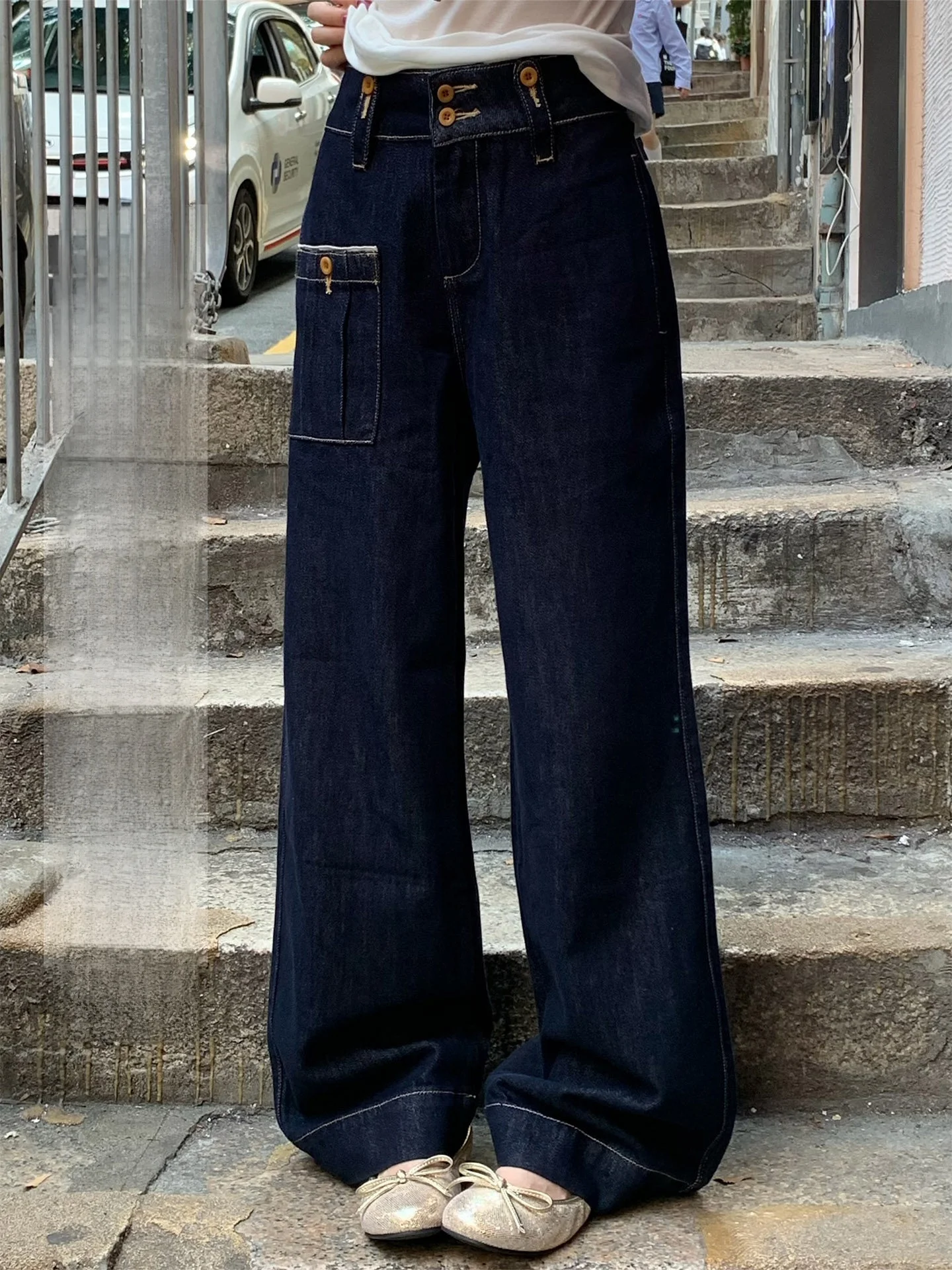 

Deep Blue High Waist Straight Leg Jeans Women's Spring Design Slimming Pants Retro Style Orange Tree Where Are You