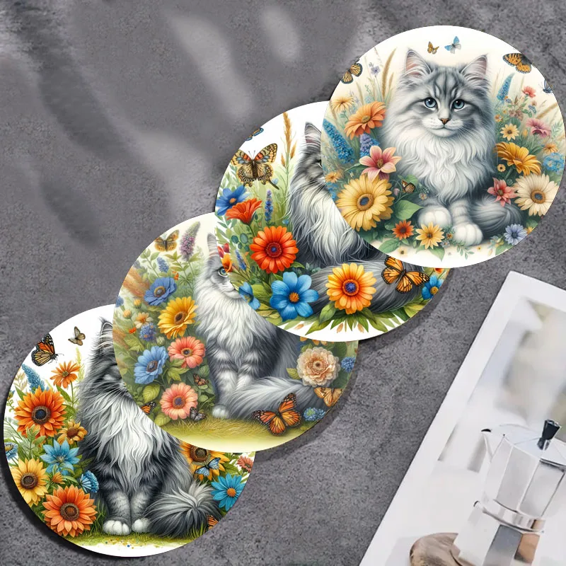 4 Cat print coasters, suitable for daily family party decoration, kitchen, office, non-slip wooden coasters, holiday gifts