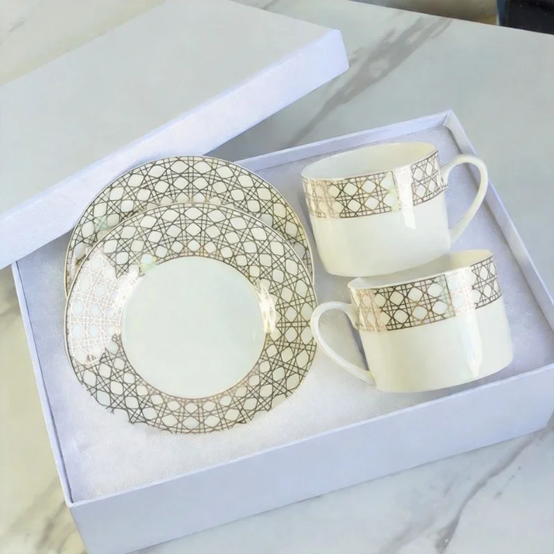 The Golden Checkered Series Of Light Luxury Afternoon Tea Coffee Cups And Plates Bone China Gift Box Set As Souvenirs