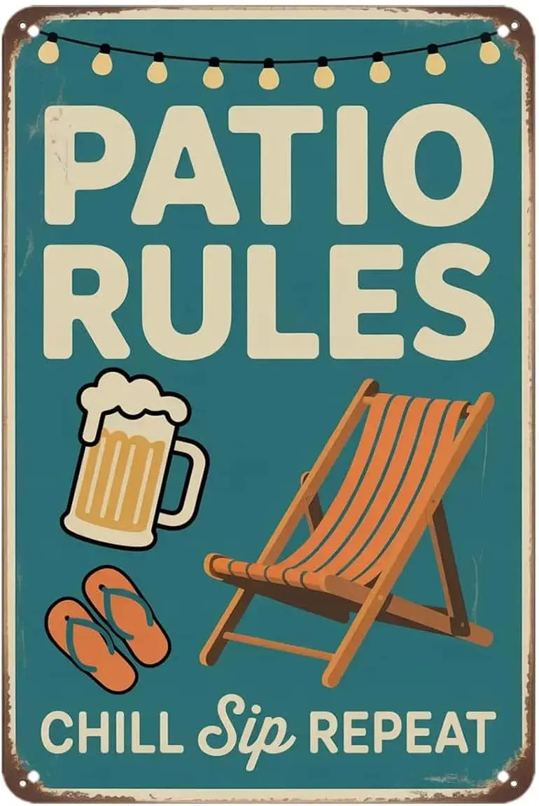 Patio Rules Beer Chill Sip Repeat Tin Sign Funny Summer Beach Theme Vintage Metal Signs Wall Decor for Kitchen Bar Cafe Bedroom