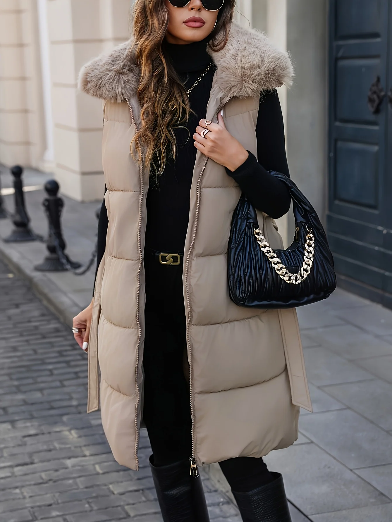 

Women's Autumn/Winter Chic Sleeveless Quilted Coat Thick Plain Pocket Fur-Collared Casual Vest with Belt