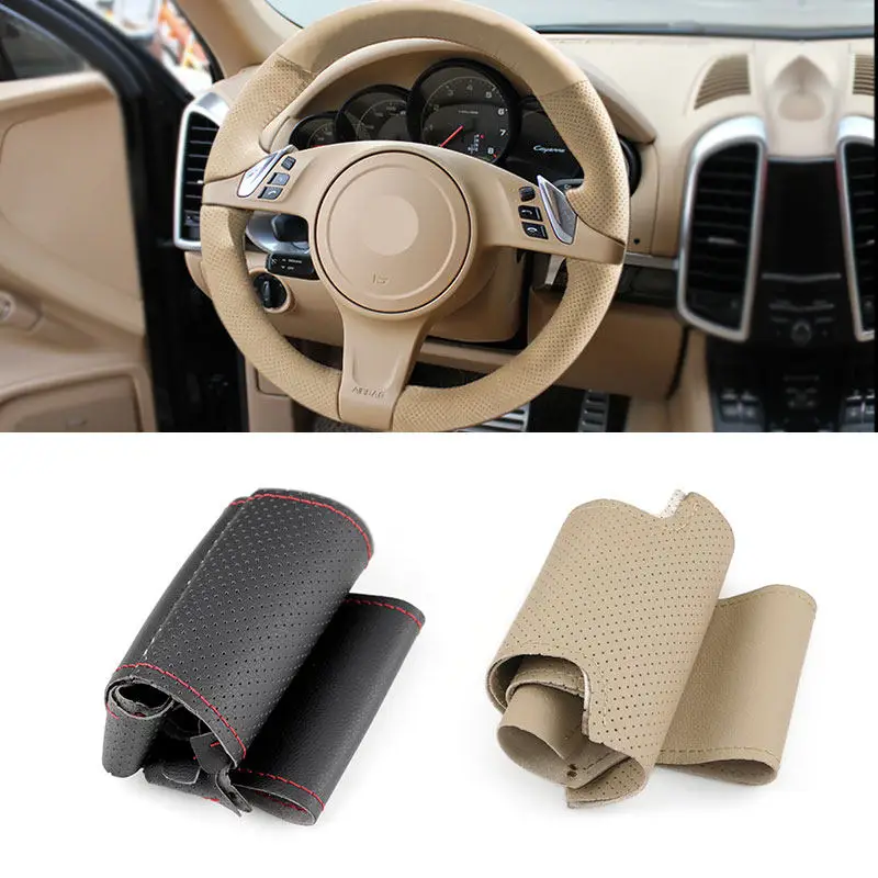 Braids on Steering Wheel For Porsche Cayenne Panamera 2010 2011 2012 Car Steering Wheel Hand Stitching Leather Cover Trim