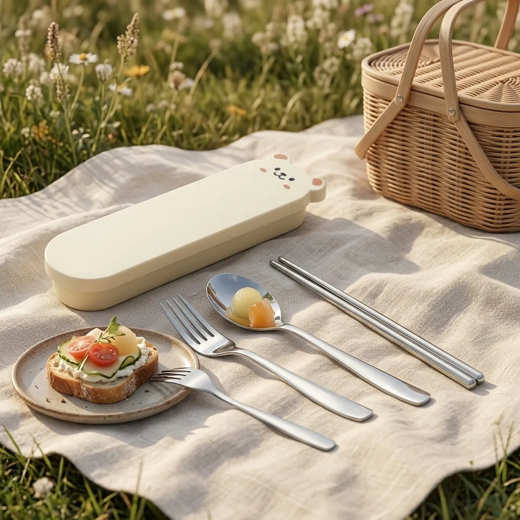 Stainless Steel Portable Cutlery Set Fork Spoon Chopsticks Bear Case Travel School Camping Tableware Silverware Utensils Kids
