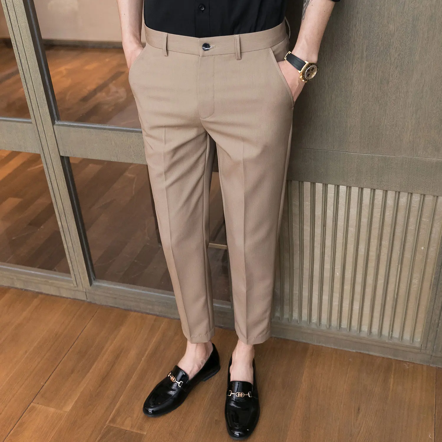 Man Suits Pants Business Brown Slim Fit 9 Cropped Social Tailoring Trousers for Men Tressed Vintage Korean Reviews Many Classic