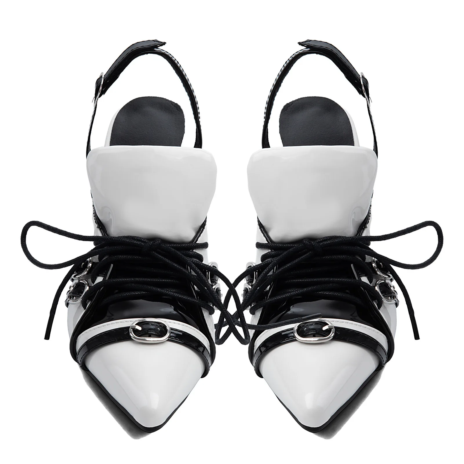 Women Black White Contrast Lace Up Pointed Toe Slingback Mule Heels Metal Eyelet Ankle Buckle Stiletto Party Streetwear Shoes 47
