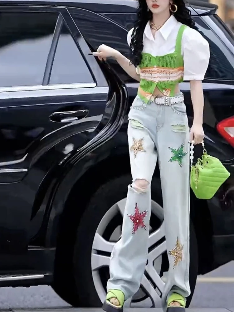 ヘビーエンベリーディアマンテスターズホールデザインレディースジーンズハイウエストルーズスリミングサマーニュースレワイドレッグストレートロングパンツ