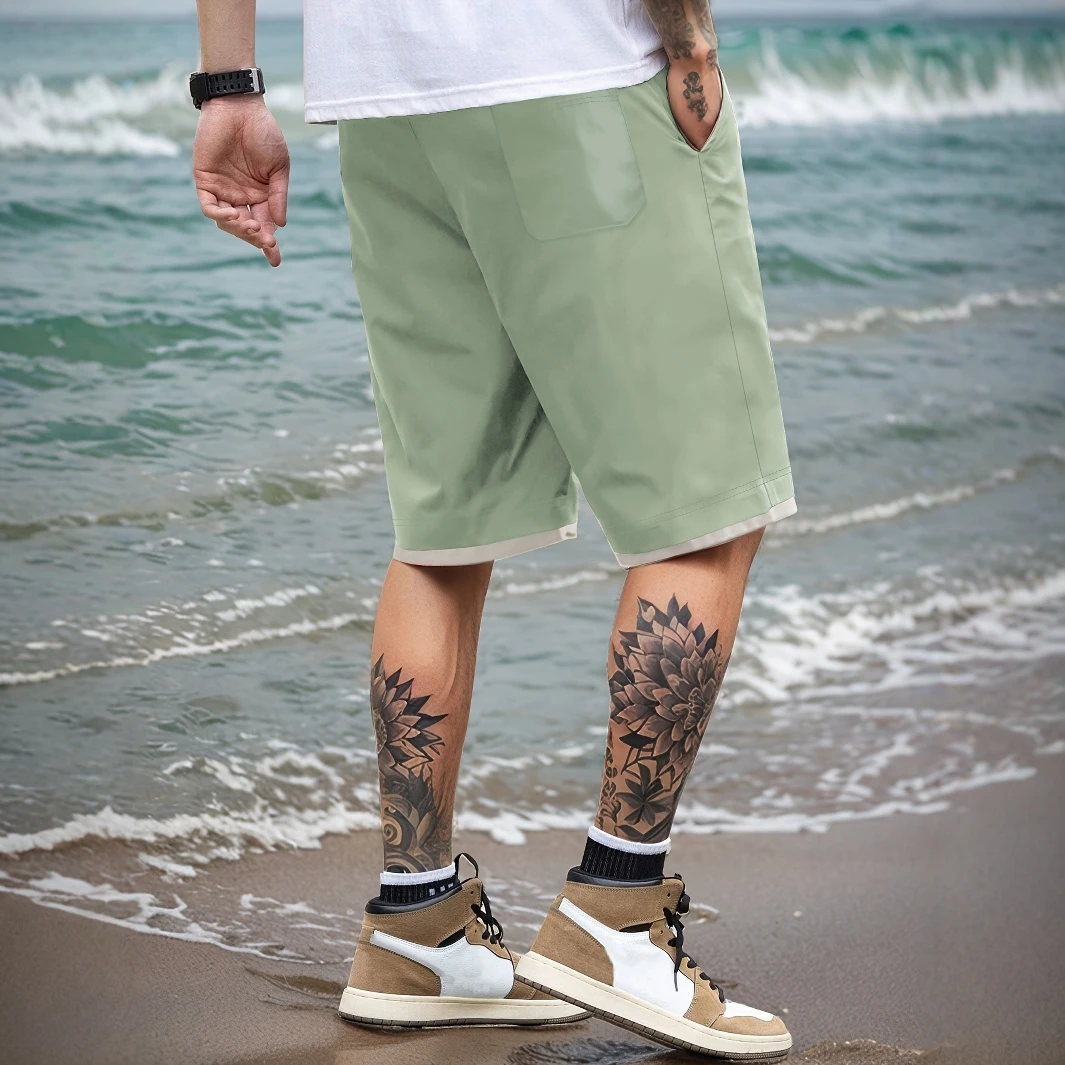 Pantalones cortos casuales de verano para hombre con bolsillos: negro, cintura elástica, cordón, poliéster, diseño de dos capas, ligero y transpirable