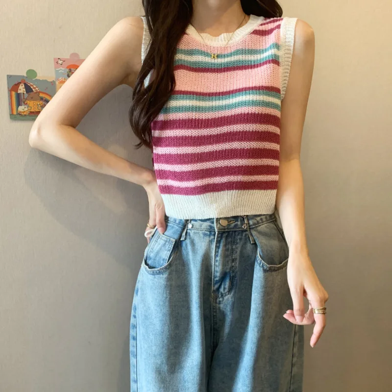 Summer New Rainbow Stripe Grils Sleeveless Knitted T-shirt Women's Versatile Short Tank Top for Reducing Age