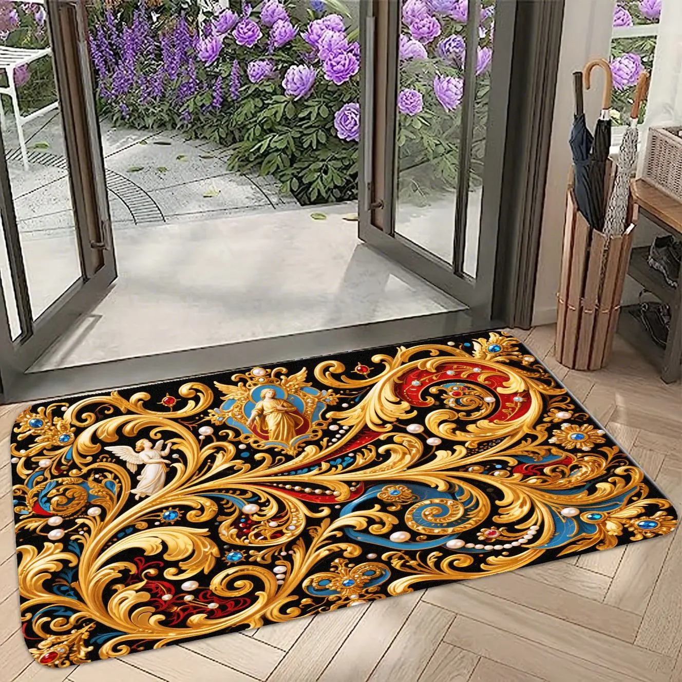 

MatMuse Роскошный коврик в стиле барокко, золотой филигранный ангел Мадонна, домашний мягкий коврик с диатомовой землей, напольные коврики, нескользящий быстросохнущий ковер