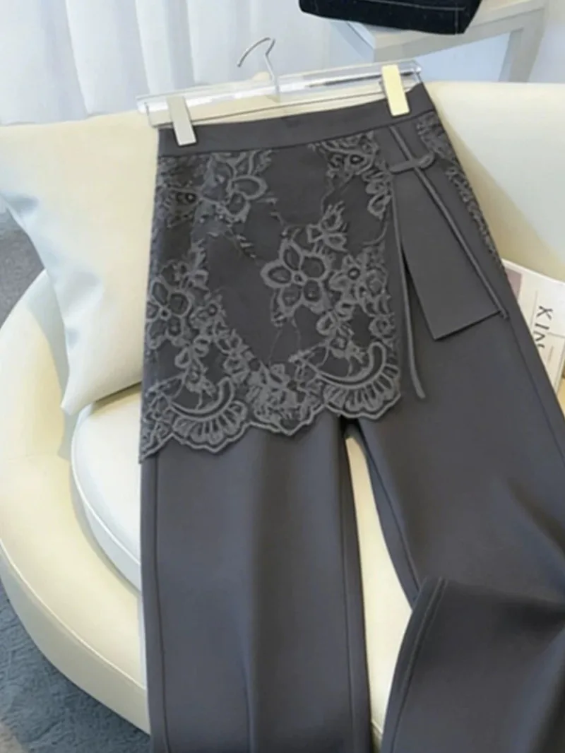New Summer Fashion Lace Patchwork Skirt Pants Women Office Lady Slim Casual Loose Elastic Waist Blazer Trousers Elegant