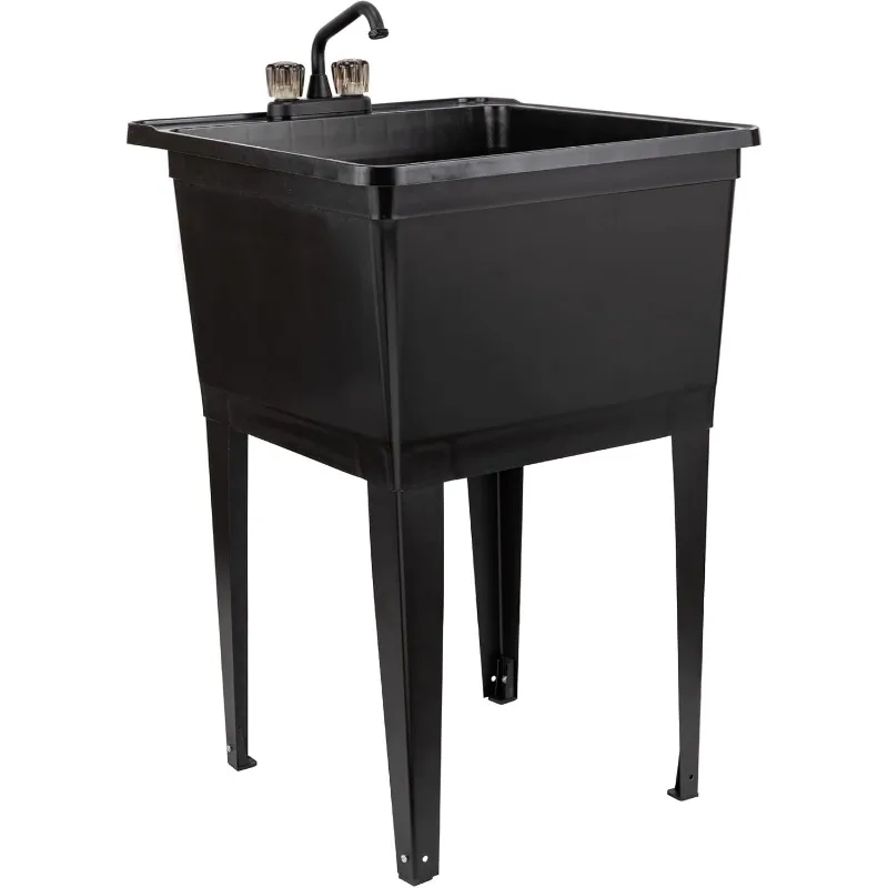 Gallon Black Freestanding Utility Sink with Black 2-Handle Faucet, Heavy Duty Plastic Laundry Tub with Adjustable Legs