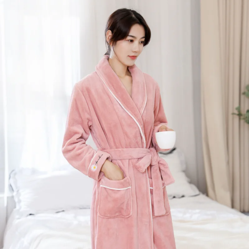 

Flannel Nightgown for Women In Autumn and Winter for Men Flannel Solid Color Bathrobe for Couples In Winter