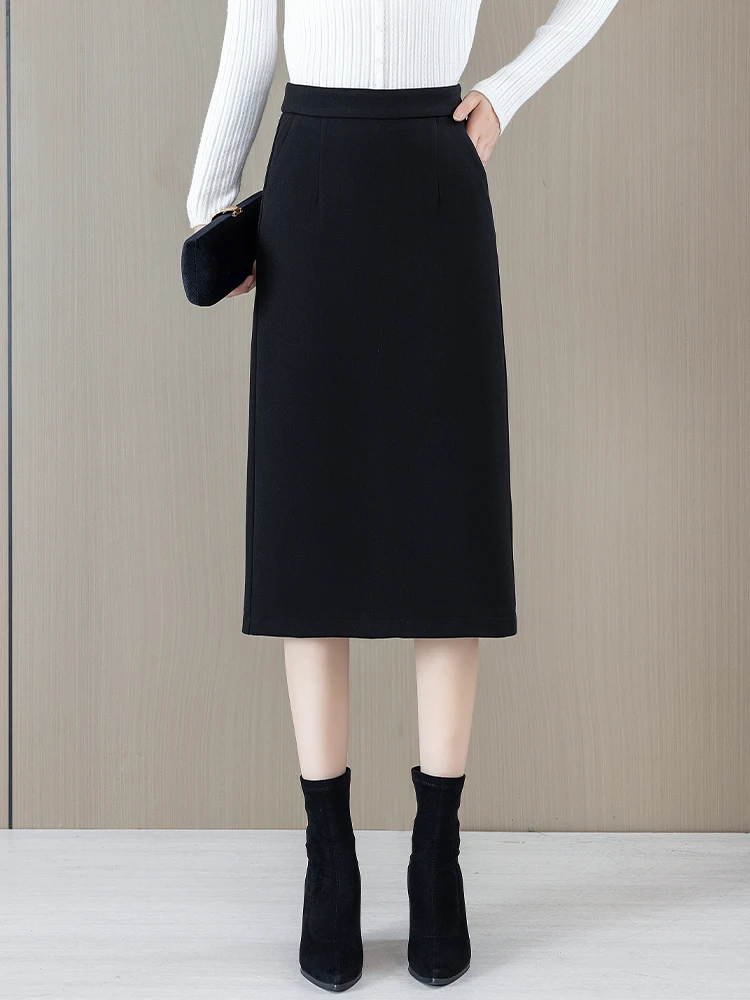 

High Waist A-Line Skirt Women's Autumn Winter Thickened Woolen Slimming Split Straight Cut Skirt Korean Style Commute