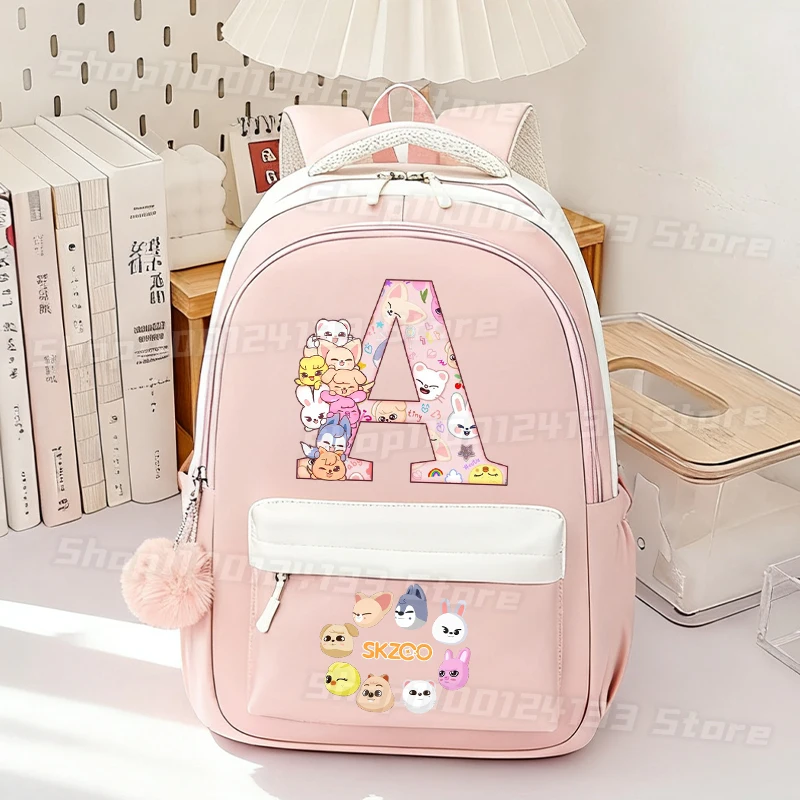 

Skzooo Pink School Bags Girl Student Back School StrayKids Cute Letters A-Z Anime Print Woman High-capacity Kawaii Game Backpack