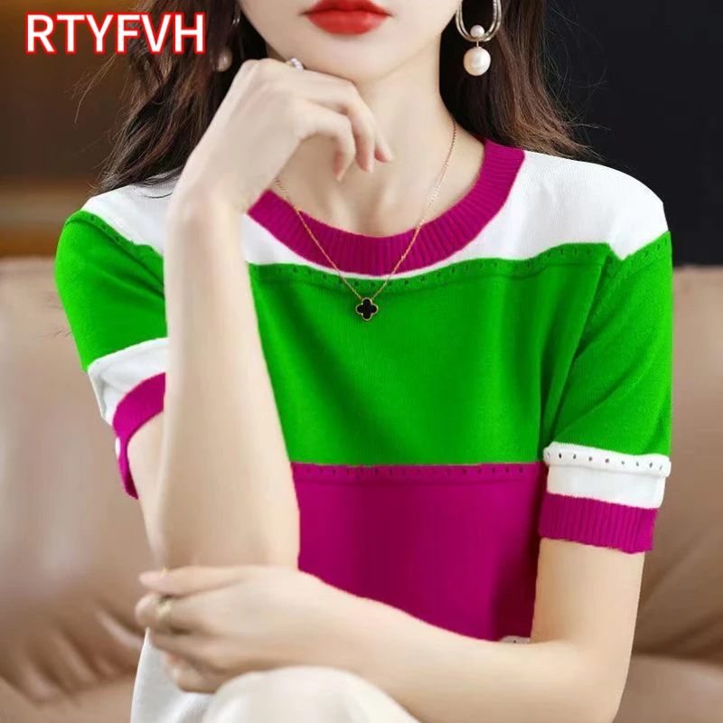 2024 Summer New Ice Silk T-shirt Short-sleeved Stripes Top Women's Round Neck Color Matching Hollow Loose Thin Knitted Sweater