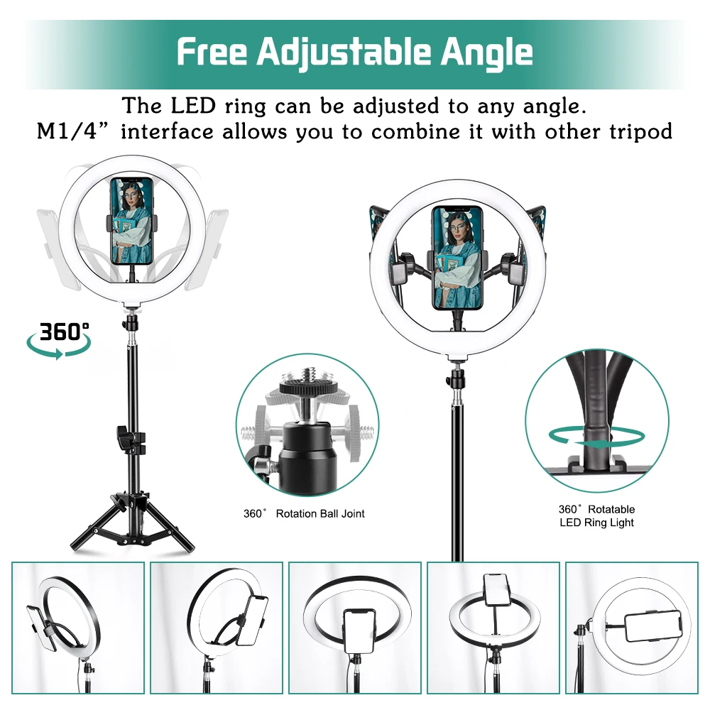 10 inch Selfie Desktop Ring Light LED Lamp Tripod Stand Phone Holder for Live Stream Makeup YouTube Video Photography Studio