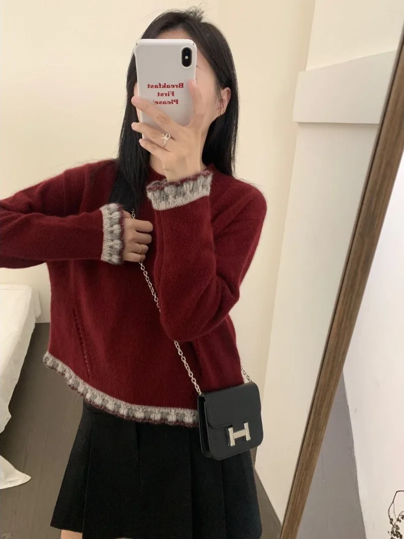 

Женский трикотаж Ele Wine Red Lace Sve, ранняя осень 2023, новый топ Aosphere, свободный крой, длинный винт, круглый цвет Ne