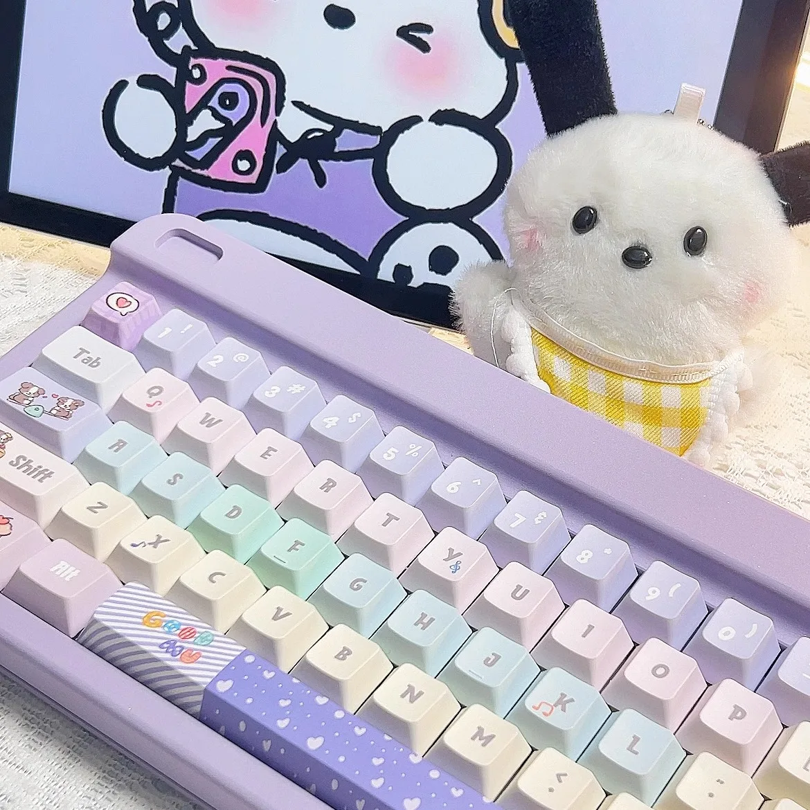 Filhote de cachorro Border Collie Keycap bonito, Lavanda Nota Piano Key, Macaron Azul Roxo, PBT Cereja, Candy Color, 141Key