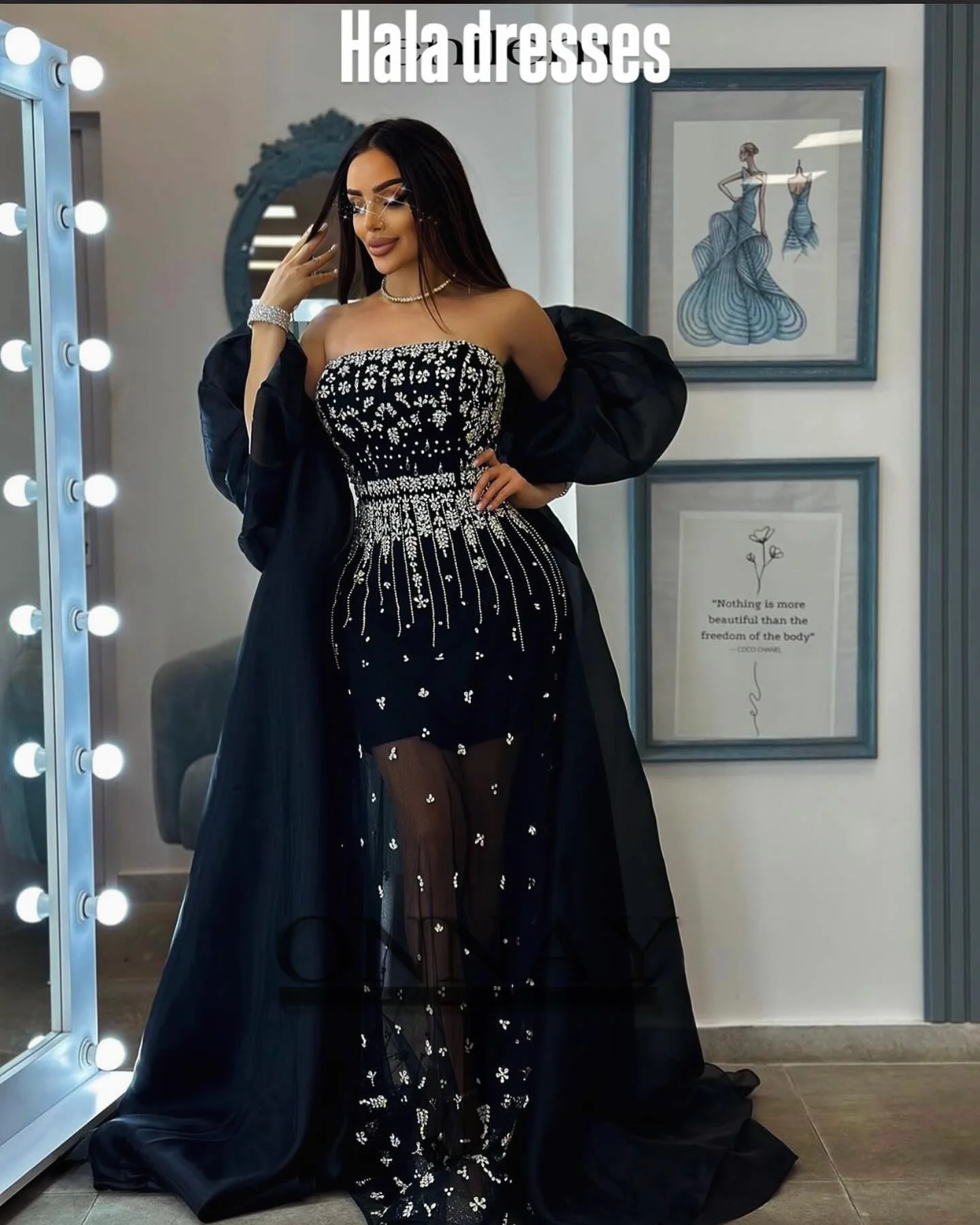 ที่กําหนดเองหรูหราคริสตัลสีดําชุดราตรีภาพลวงตา Saudi Arabric Gala Bespoke คนดังชุดประกวด Vestidos De Fiesta Plus