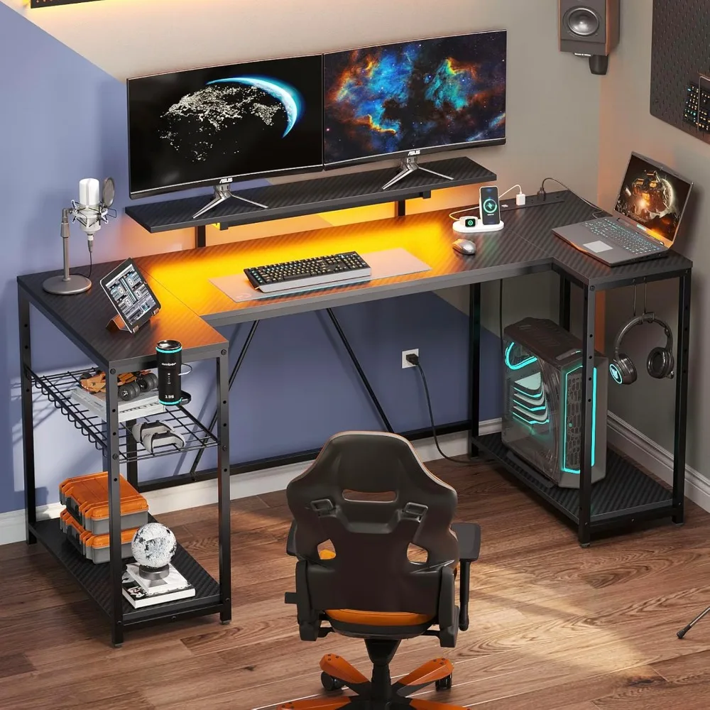 

63 inch Gaming Desk with LED Lights & Power Outlets, U Shaped Computer Desk with Monitor Stand & Storage Shelves,Carbon Fiber