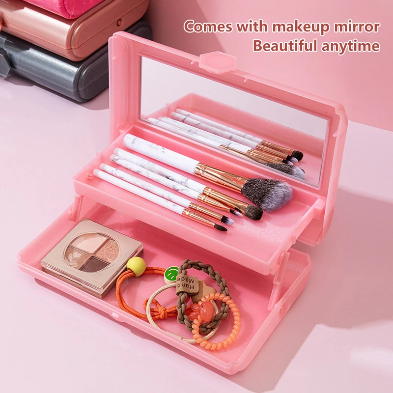 Double Layered Folding Item Box With Mirror Nail/Makeup Brush Jewelry Storage Portable Travel Cosmetics Organizer Container Case