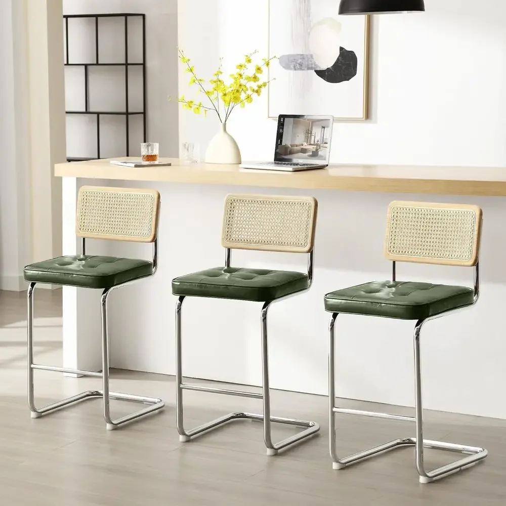 

Set of 3 Counter Height Bar Stools with Woven Back and Waterproof Leather Cushions, Green Upholstered Rattan Kitchen Island Chai