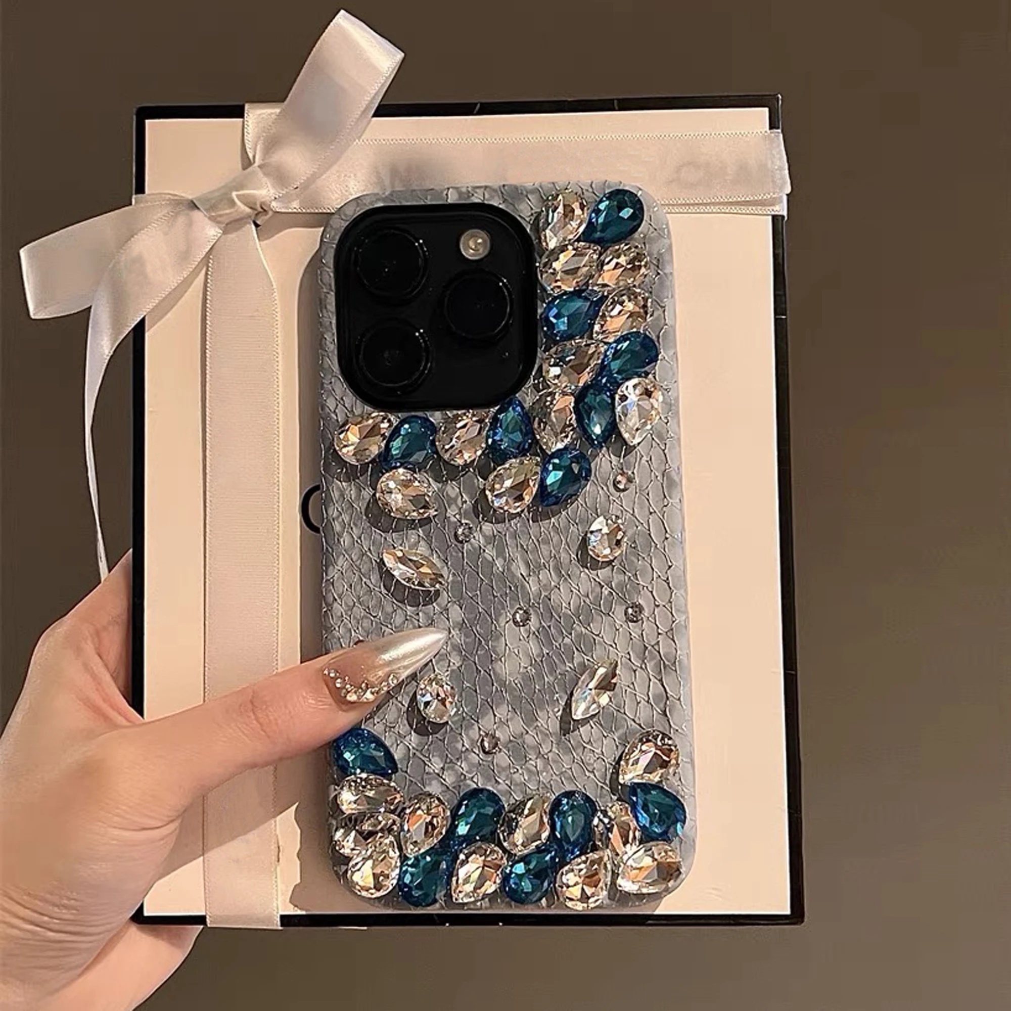 Snake-Print Skin Rhinestone Phone Case For iPhone 15 14 13 12 11 Pro Max Fall-Proof Luxury Girl Phone Case