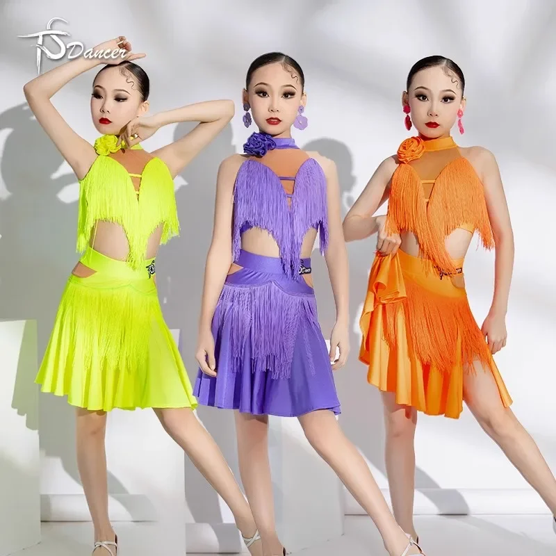 

Индивидуальное флуоресцентное желтое платье с кисточками для латинских танцев, разделенное платье для соревнований, профессиональный костюм с цветочным принтом, соло