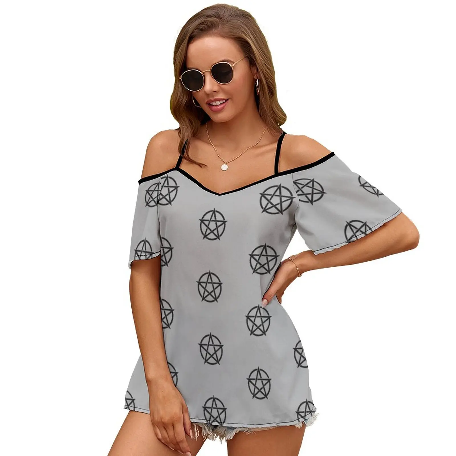 Pentagram Sexy And Club Fashion Female T-Shirt Short Sleeve Off Shoulder Lady T Shirts Pentagram Pentacle Supernatural