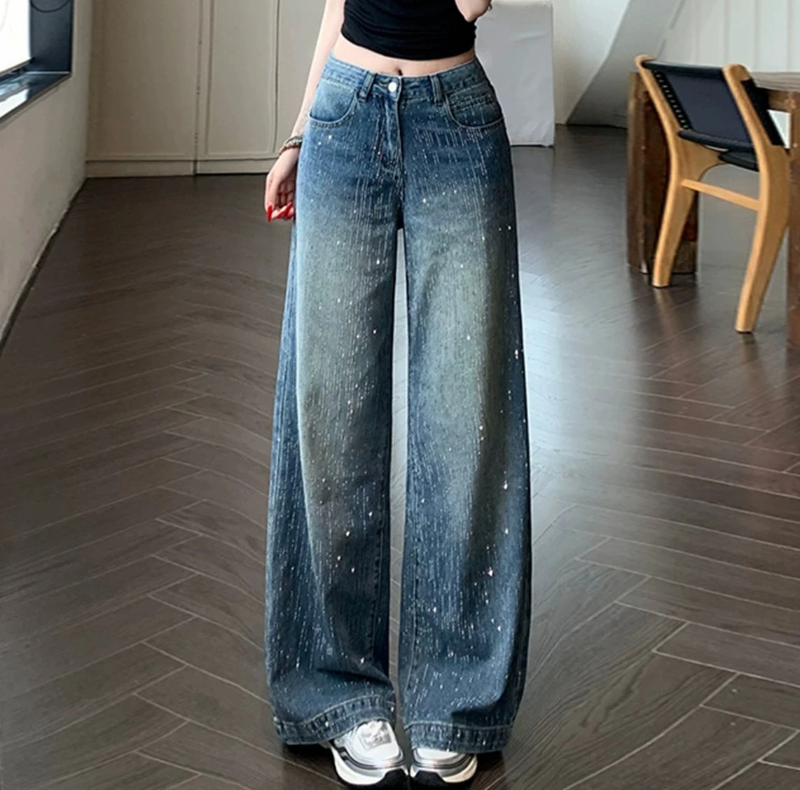جينز أنيق بحجر الراين للنساء سروال Y2k فضفاض عالي الخصر مستقيم سروال أمريكا موضة النساء Y2k ملابس جينز دينم #1