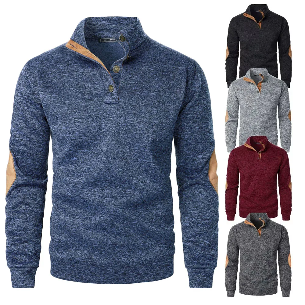 Herren Sweatshirt Button Down Stehkragen Hoodies für Männer Patchwork Herbst Sweatshirts Streetwear Vintage