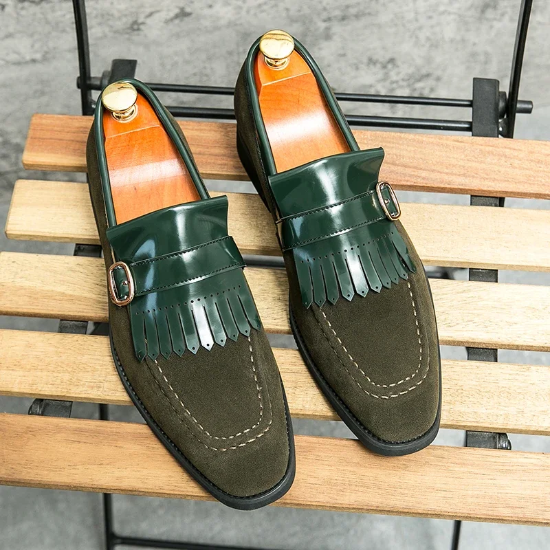 New Green Loafers for Men Tassels Round Toe Flock Slip-On Handmade Mens Formal Shoes Size 38-46