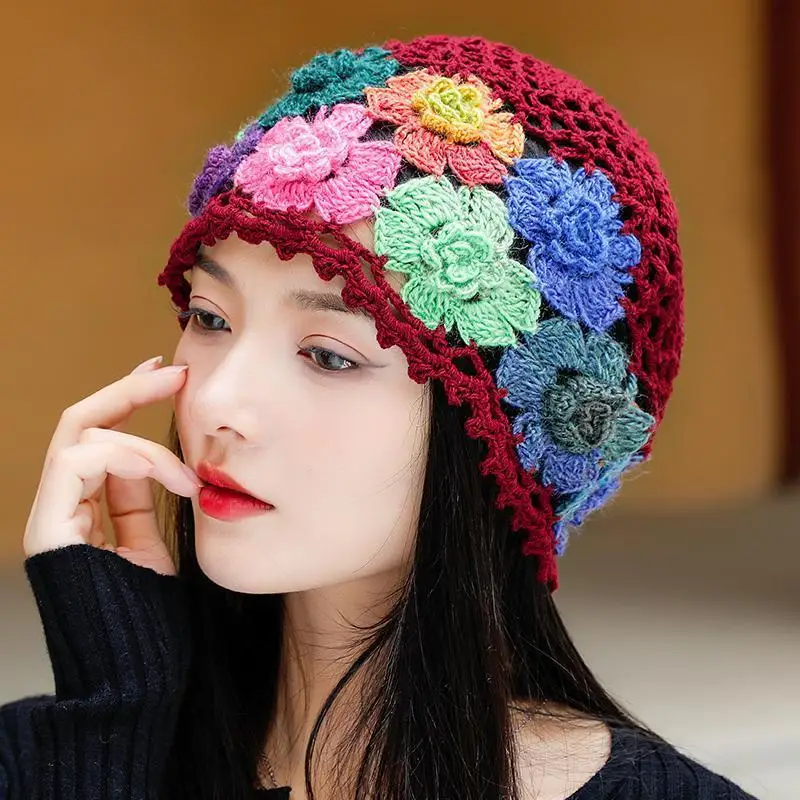 Japanese Spring Summer Literary and Artistic Colorful Flower Hollow Bag Head Hat Women Sweet Fashion Hand-crocheted Beanie Cap