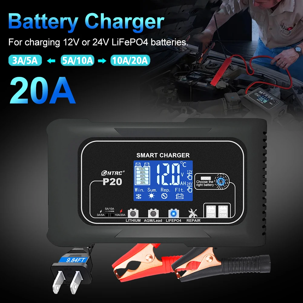 new 20A Car Motorcycle Battery Charger 12V20A 24V10A Automatic Pulse Repair Charger For AGM Lithium Lead-Acid LiFePO4 Batteries