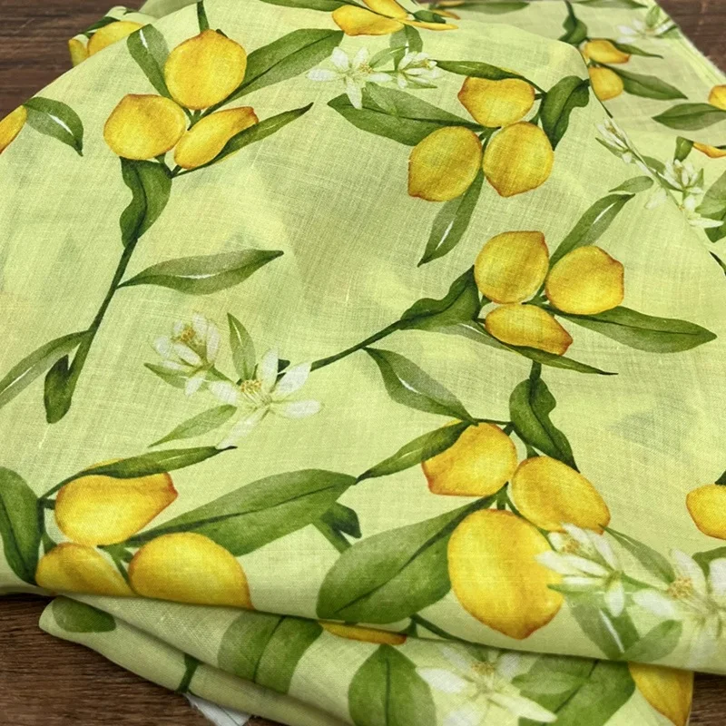 High quality pure ramie fabric Countryside style lemon floral print tissu Clothing Dress cheongsam material