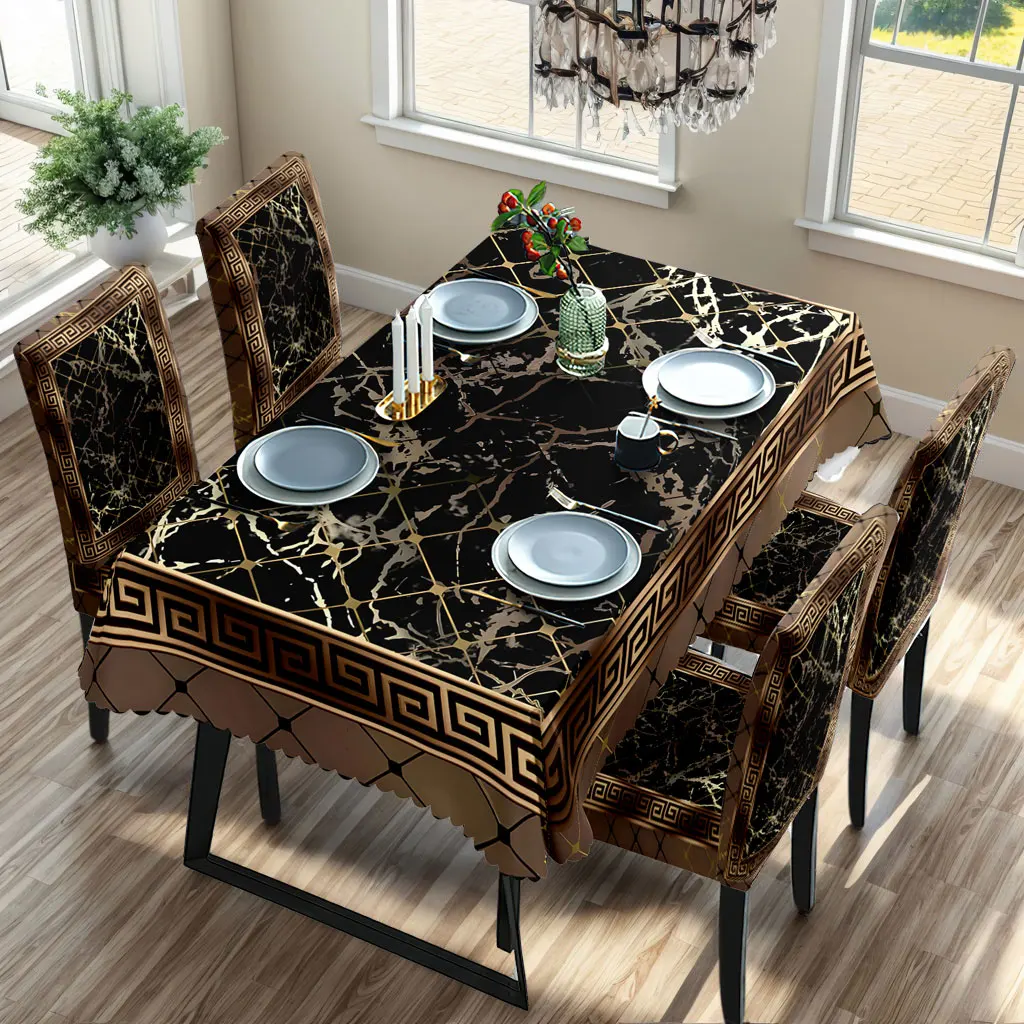 

5/7pcs Luxury Greek Key Marble Tablecloth Elastic Chair Covers Set Royal Home Decor