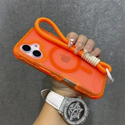 Fluorescent Magnetic For Magsafe Wrist Strap Case For iPhone 17 16 15 14 Plus 13 12 11 Pro Max Matte Thickened Soft Bumper Cover