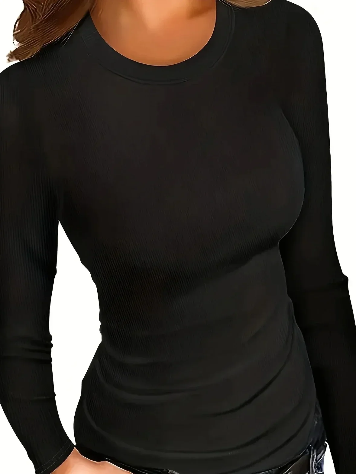 Damska koszulka plus size 1XL-5XL z okrągłym dekoltem, codzienna, gładka, prążkowana, z długim rękawem, dopasowana, modna i wygodna bluzka damska.