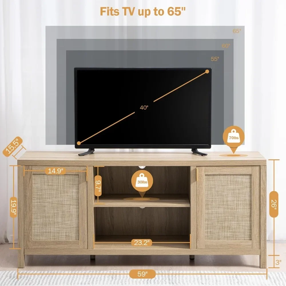 Rattan TV Stand for Living Room -Wood TV Console Cabinet with Storage and Adjustable Shelf, Boho Entertainment Center