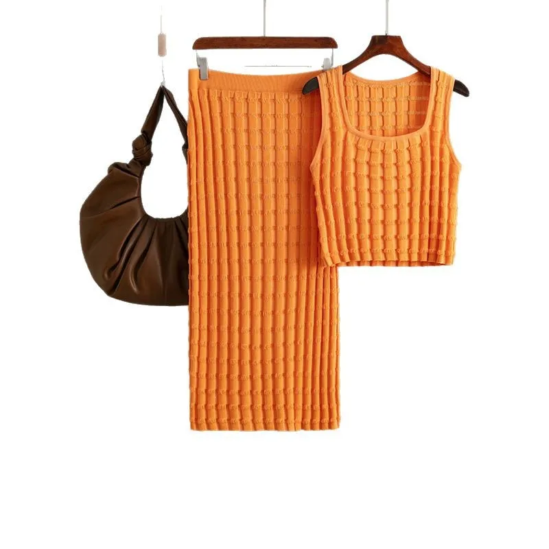 여성용 다목적 민소매 탑 스커트 니트 투피스 세트 여름 패션 단순 스위트 스퀘어 칼라 투피스 레이디 세트 B372