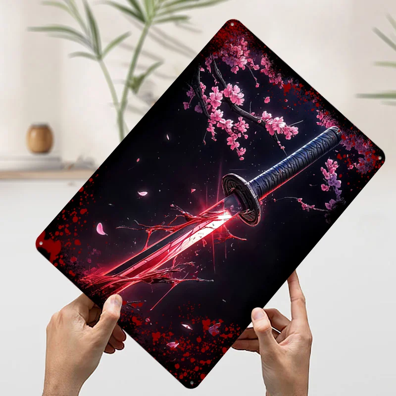 الساموراي السيف الدموي المشارك الخيال خمر جدار الفن علامة معدنية مخصصة القصدير اللوحة للرجل كهف ديكور غرفة الحلي الرجعية #3