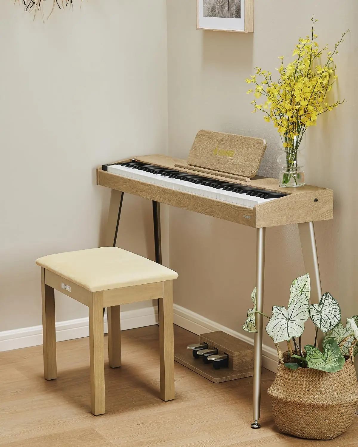 Piano Bench with Storage, Solid Wood Keyboard Bench Piano Bookcase Stool Chair Seat with High-Density Suede Cushion, Ligh