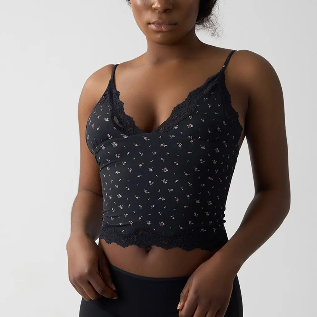

Black Print Triangle Cami Sexy Camisole V Neck Lace Floral Women's Top Trendy Casual Wear