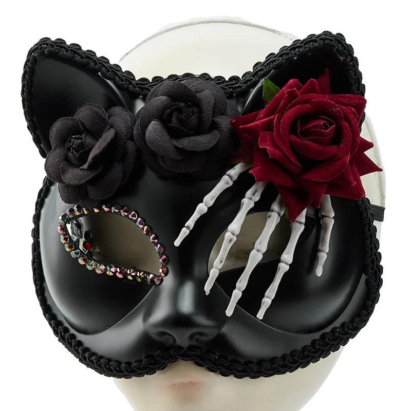 البندقية حفلة تنكرية القوطية الهيكل العظمي اليد الأحمر روز الزخرفية نصف قناع الظلام هالوين القط فتاة الرعاية قناع البلاستيك الأسود